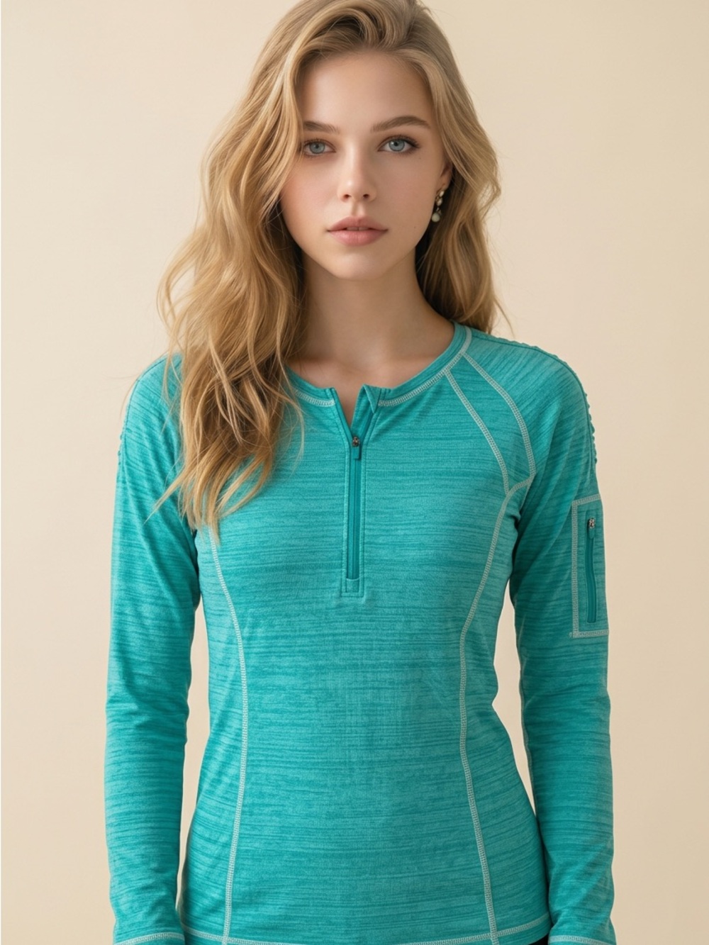 Athleta Teal Quarter-Zip Long-Sleeve Performance Top